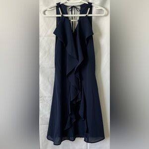 Venus Blue Ruffle Front Halter Dress - Elegant Wedding Guest & Cocktail Midi